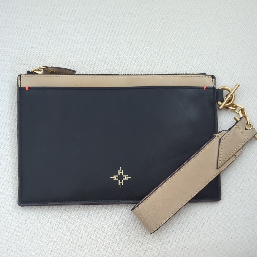INDIA HICKS Clutch Detachable Wristlet Black & Tan Leather Gold Accents